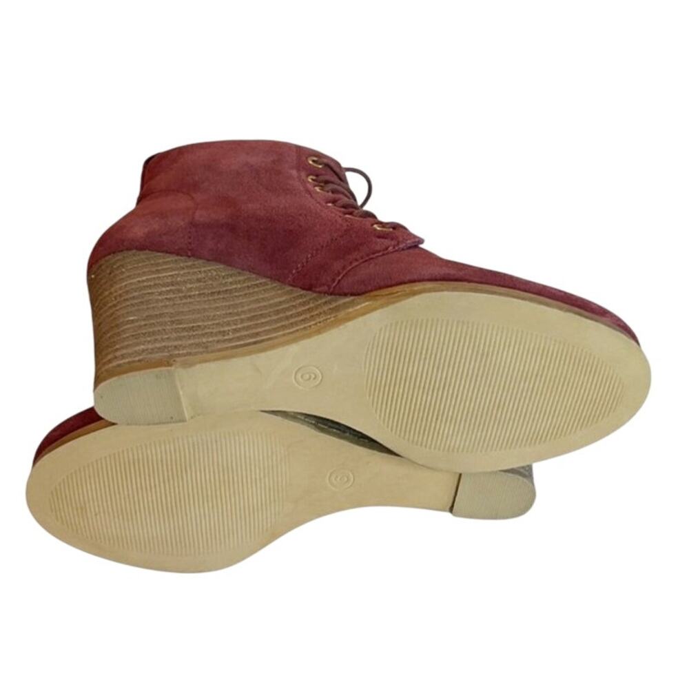 Classic Casual Chic Preppy Burgundy Suede Lace-Up Wedge Ankle Booties | 6 - Picture 3 of 3